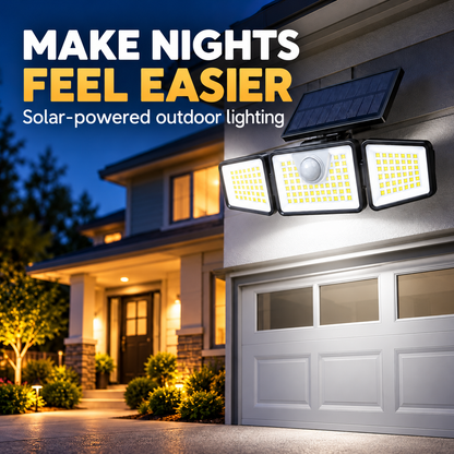 Neutral white solar light above garage at dusk